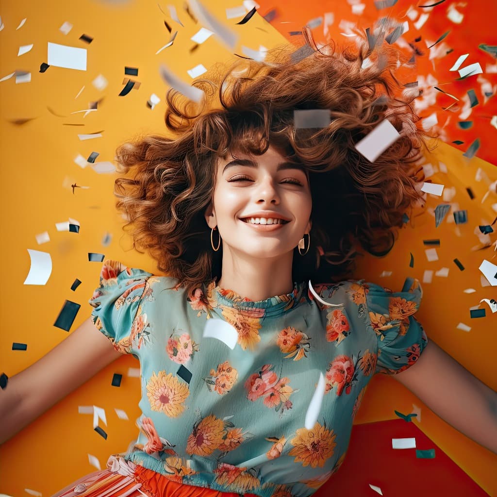 Joyful woman with confetti on yellow background